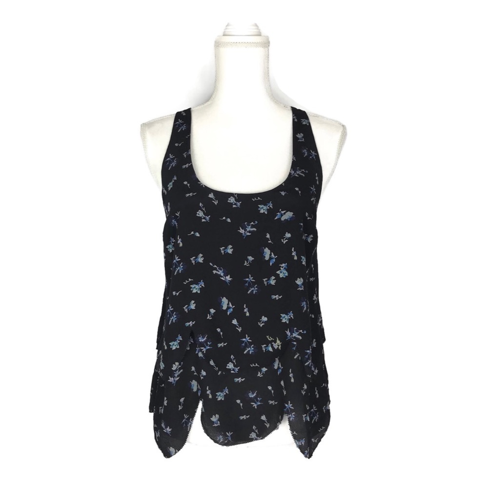 Joie Silk Floral Top Navy Scallop Hem Layered Tank
